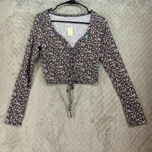Aeropostale Womens M T Shirt Colorful Floral Cropped Long Sleeve V Neck Organic
